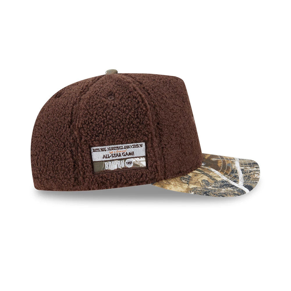 Boston Celtics NBA Hardwood Classic Brown New Era 59FIFTY A-Frame Fitted Cap, side view showing a textured brown crown crafted from a boucle-like material, a rectangular embroidered badge on the side, and a brown.