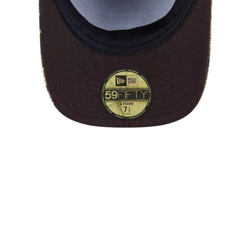 Boston Celtics NBA Hardwood Classic Brown New Era 59FIFTY A-Frame Fitted Cap, inside view showing the brown undervisor, a gold 59FIFTY size sticker at the centre, and a contrasting black sweatband around the edge.