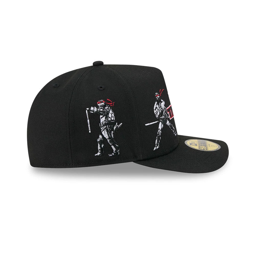Teenage Mutant Ninja Heroes Black New Era 59FIFTY A-Frame Fitted Cap, side view showing the embroidered red and white action figures on the black structured crown, with a flat black visor and a gold 59FIFTY size sticker on the visor.