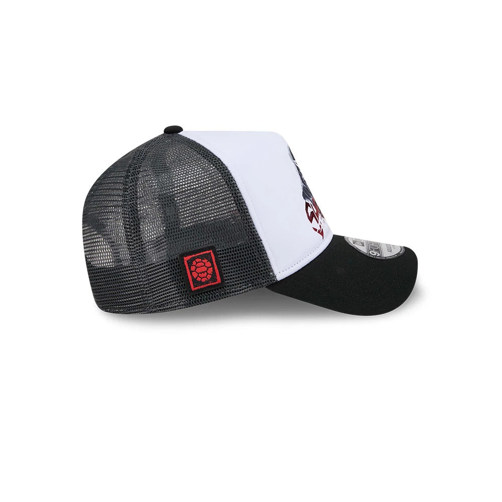 TMNT Splinter White & Black New Era 9FORTY A-Frame Trucker Adjustable Cap, side view showing a prominent red Turtle logo on the black mesh side panel, a contrasting white front panel, and a black curved visor with a 9FORTY size sticker on top.