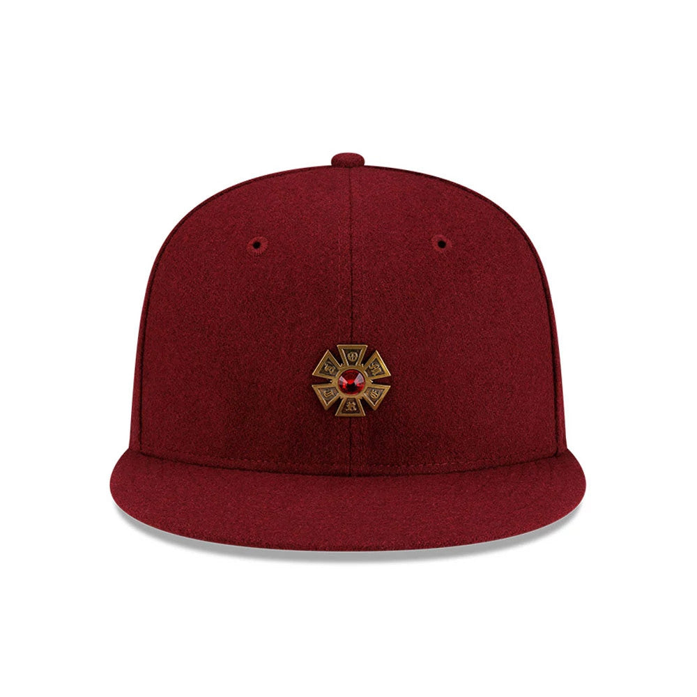 New Era X Omerta Balvin Dark Red New Era 59FIFTY Fitted Cap, inside view showing the dark red undervisor, black sweatband, and branded taping along the inner seams featuring New Era logos and 59FIFTY branding.