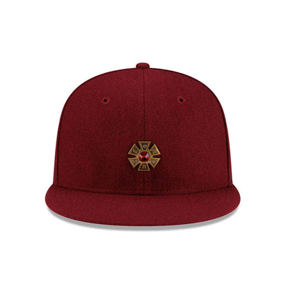 Pictured is this New Era X J Balvin & Ryan Castro Omerta New Era 59FIFTY Fitted cap in dark red. 2