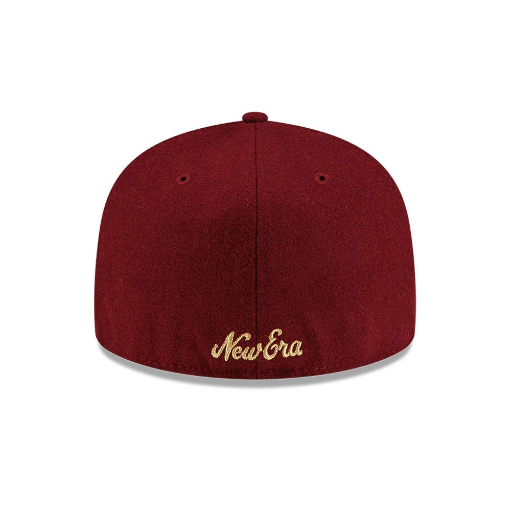 Pictured is this New Era X J Balvin & Ryan Castro Omerta New Era 59FIFTY Fitted cap in dark red. 6