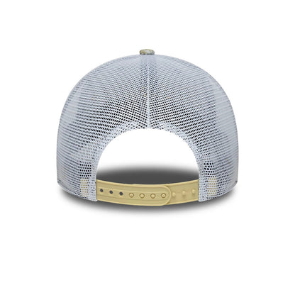 Red Bull Racing Abu Dhabi Race Special White New Era 9FORTY Adjustable Cap, rear view showing the white mesh back panels with a structured design, a beige adjustable strap with multiple holes, and a top button.