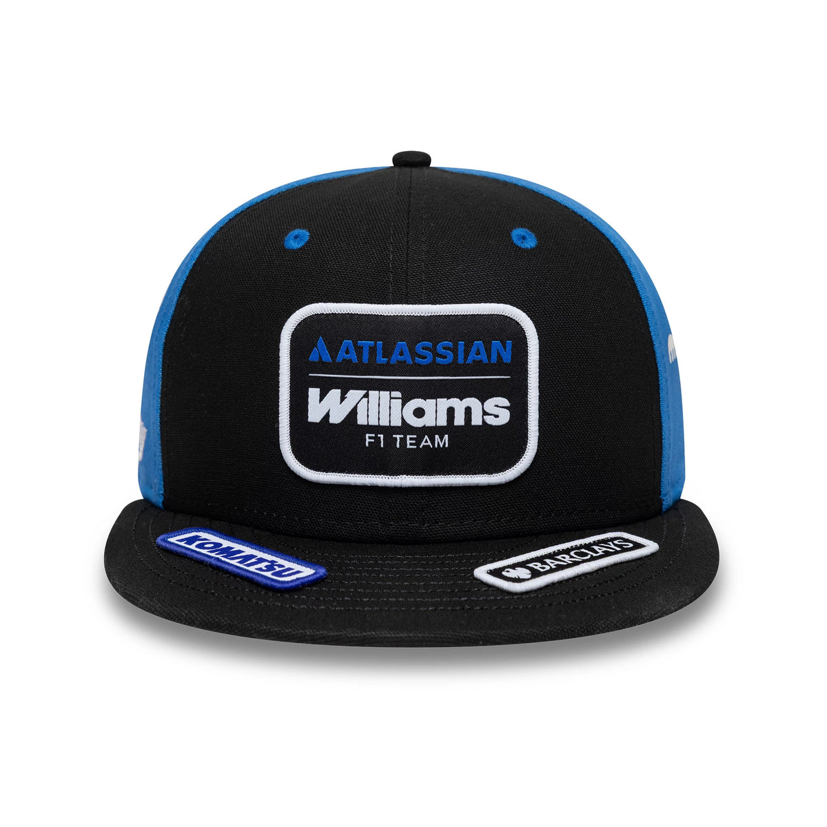 Williams Vegas Race Special Black New Era 59FIFTY Fitted Cap, front view showing the white embroidered Williams F1 Team logo on the black crown, blue eyelets and side panels, and sponsor patches on the black visor.