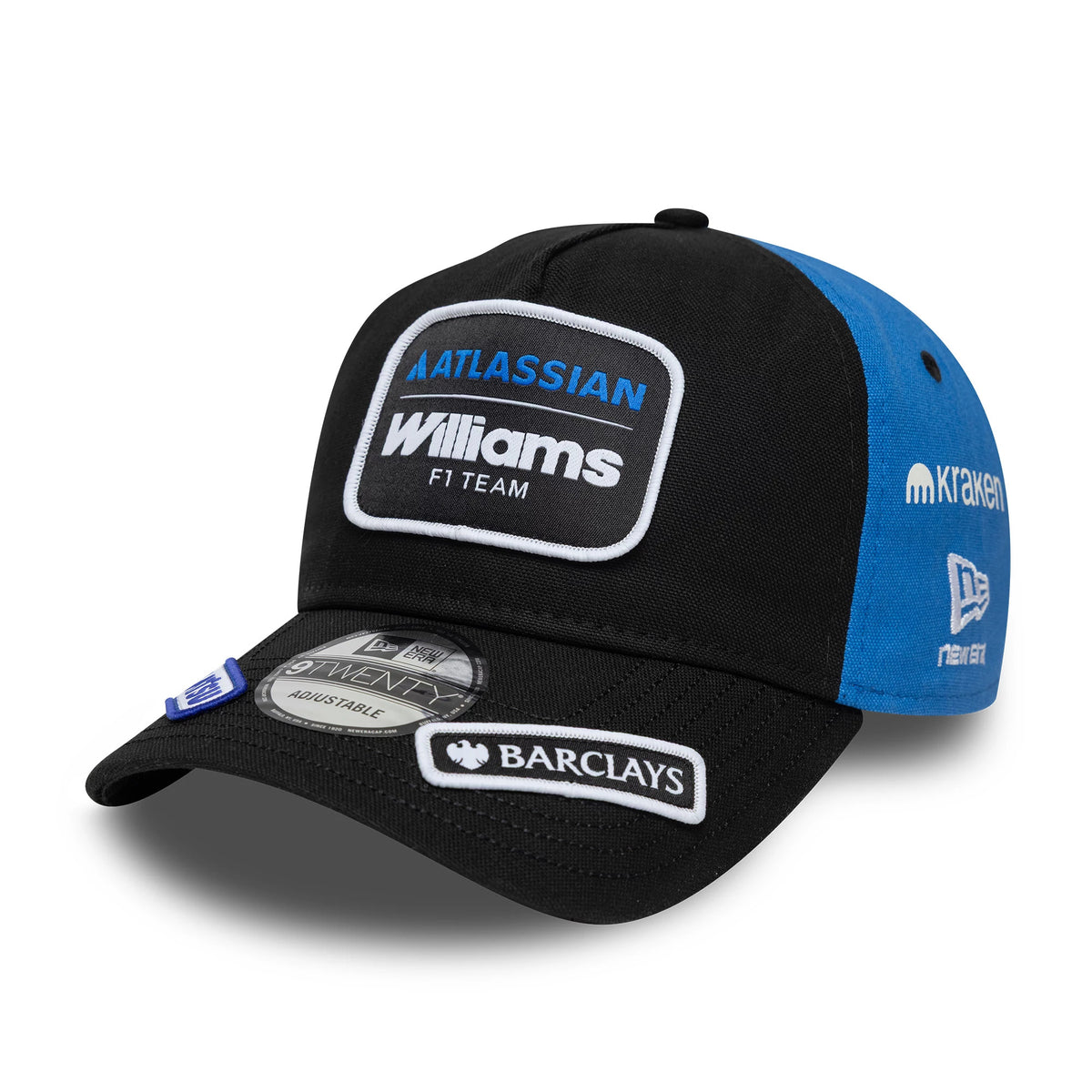 Williams Alex Albon Vegas Race Special Black New Era 9TWENTY A-Frame Adjustable Cap, three-quarter view showing the blue embroidered Atlassian Williams F1 Team logo on the front panel, black curved visor with a 9TWENTY size sticker.