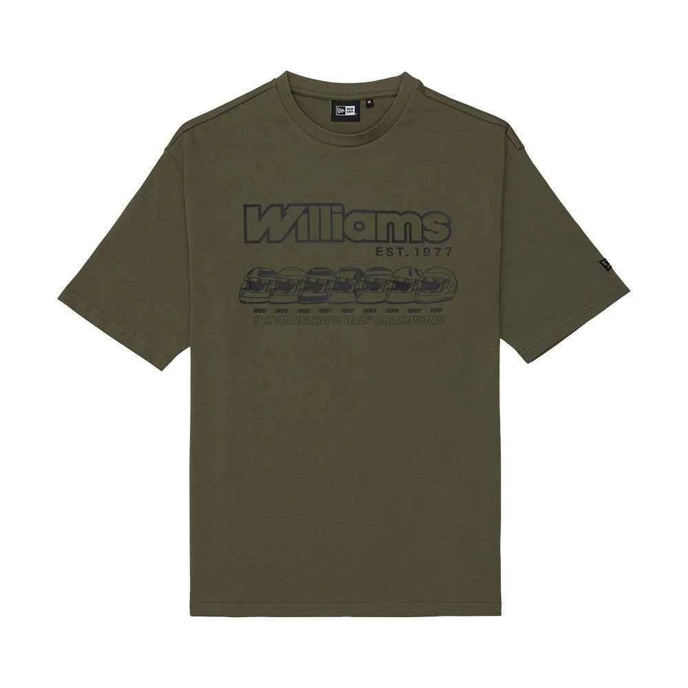 The model is wearing this Helmet Graphic Williams Oversized T-Shirt in green. 1