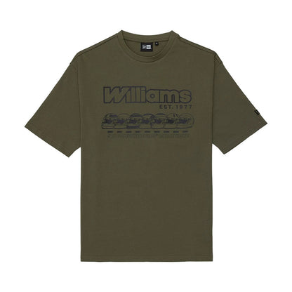 The model is wearing this Helmet Graphic Williams Oversized T-Shirt in green. 1
