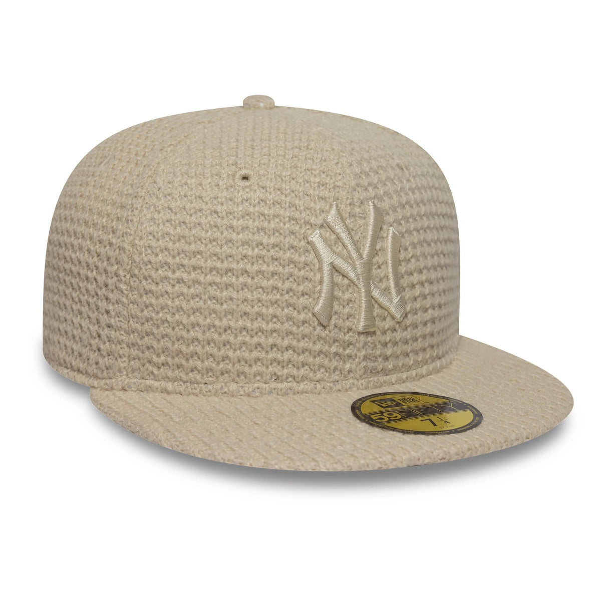 Pictured is this MLB Knitted New York Yankees 59FIFTY Fitted cap in light beige. 3