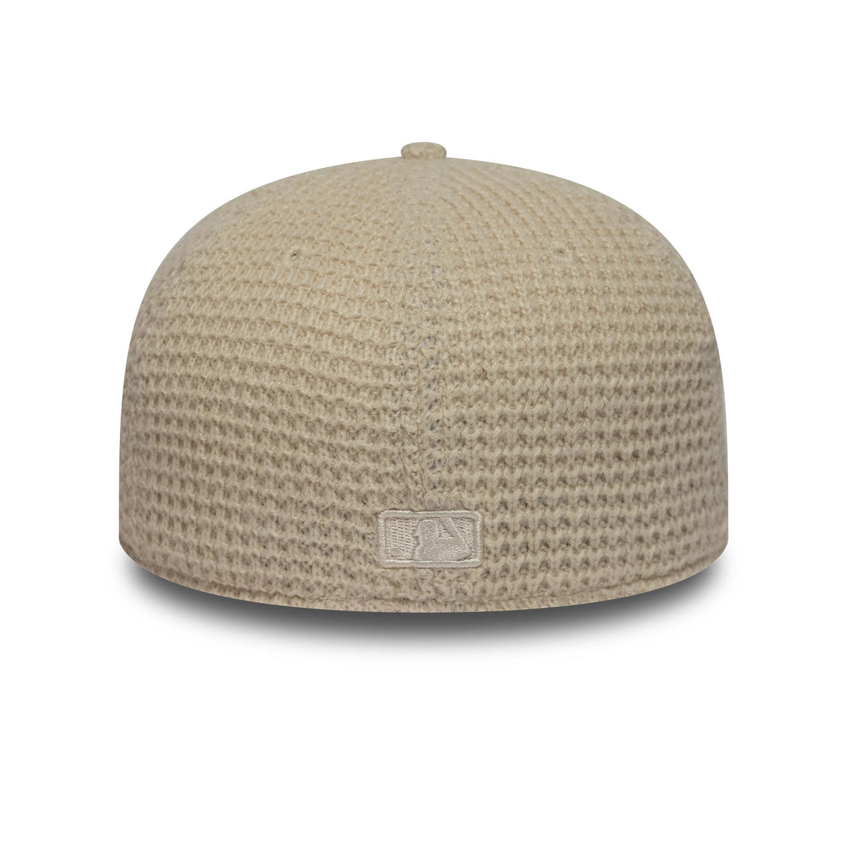 New York Yankees MLB Knitted Light Beige New Era 59FIFTY Fitted Cap, rear view showing the embroidered MLB Batterman logo at the centre back, with a knitted texture across the light beige crown and a matching top button.