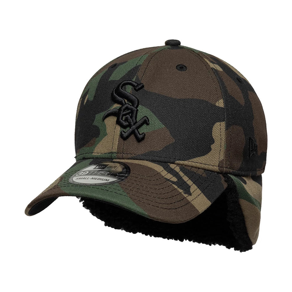 Pictured is this MLB Chicago White Sox 39THIRTY Downflap Stretch Fit cap in woodland camo. 4