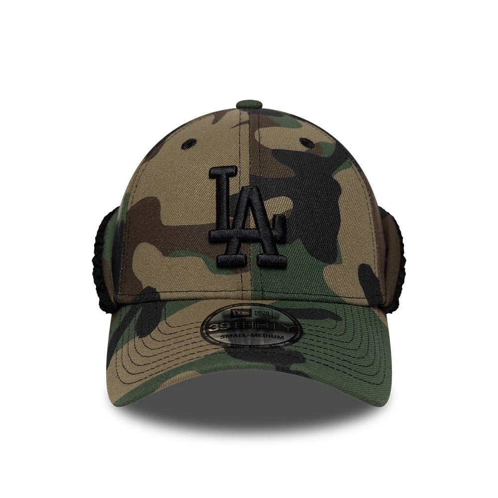 Pictured is this MLB LA Dodgers 39THIRTY Downflap Stretch Fit cap in woodland camo.. 2