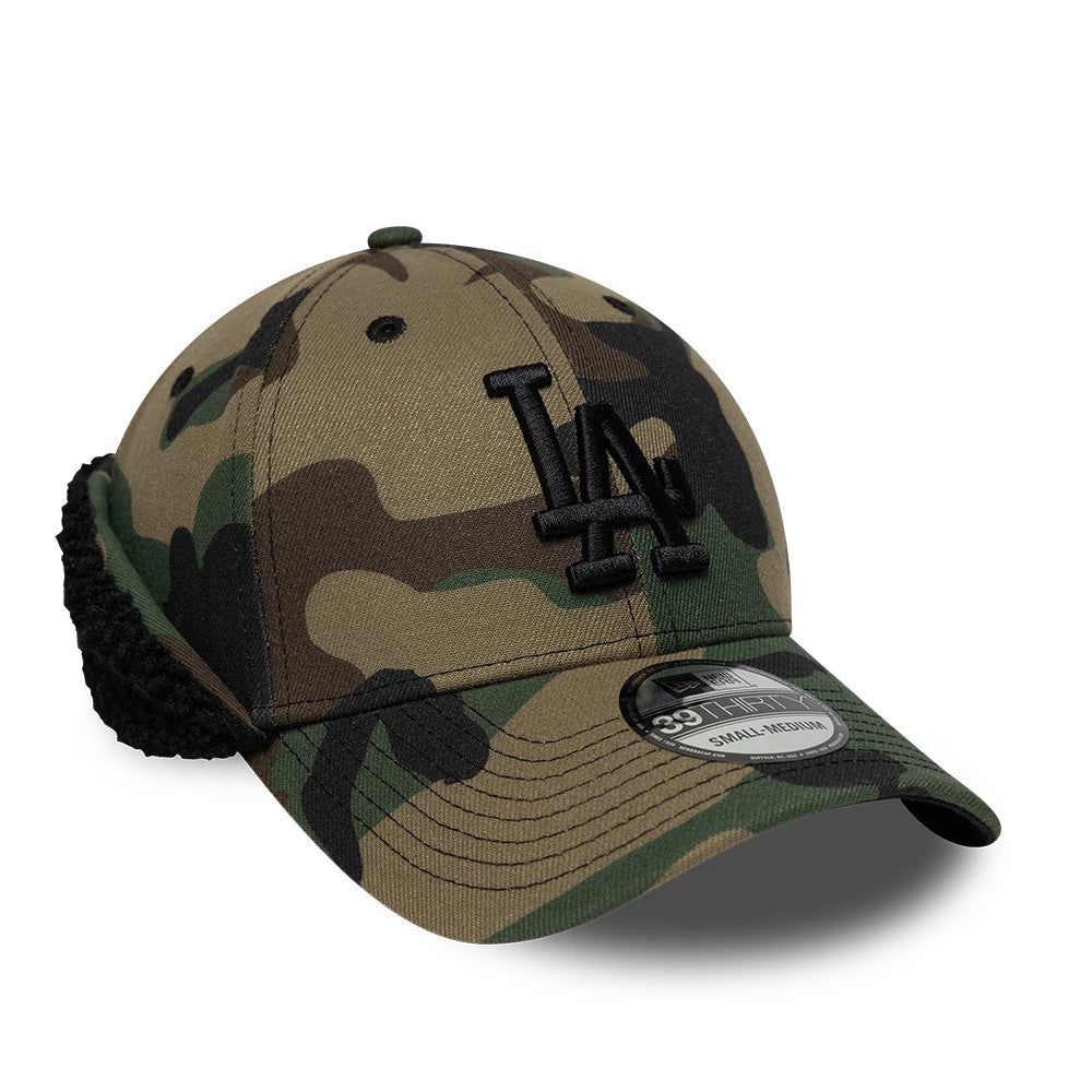 Pictured is this MLB LA Dodgers 39THIRTY Downflap Stretch Fit cap in woodland camo.. 3