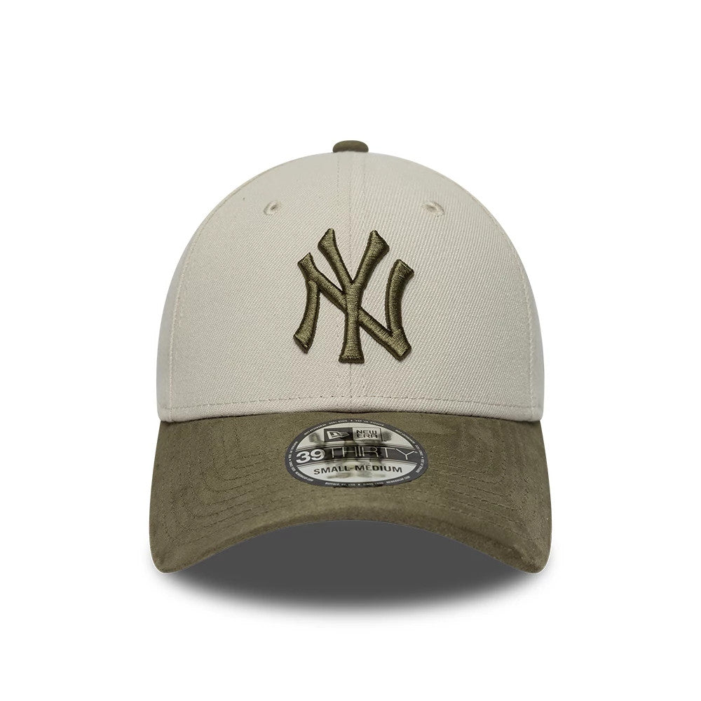 Pictured is this MLB Faux Suede New York Yankees 39THIRTY Stretch Fit cap in light Beige & green. 2