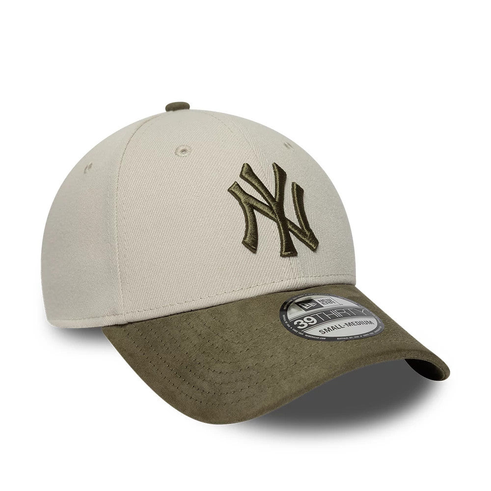 Pictured is this MLB Faux Suede New York Yankees 39THIRTY Stretch Fit cap in light Beige & green. 3