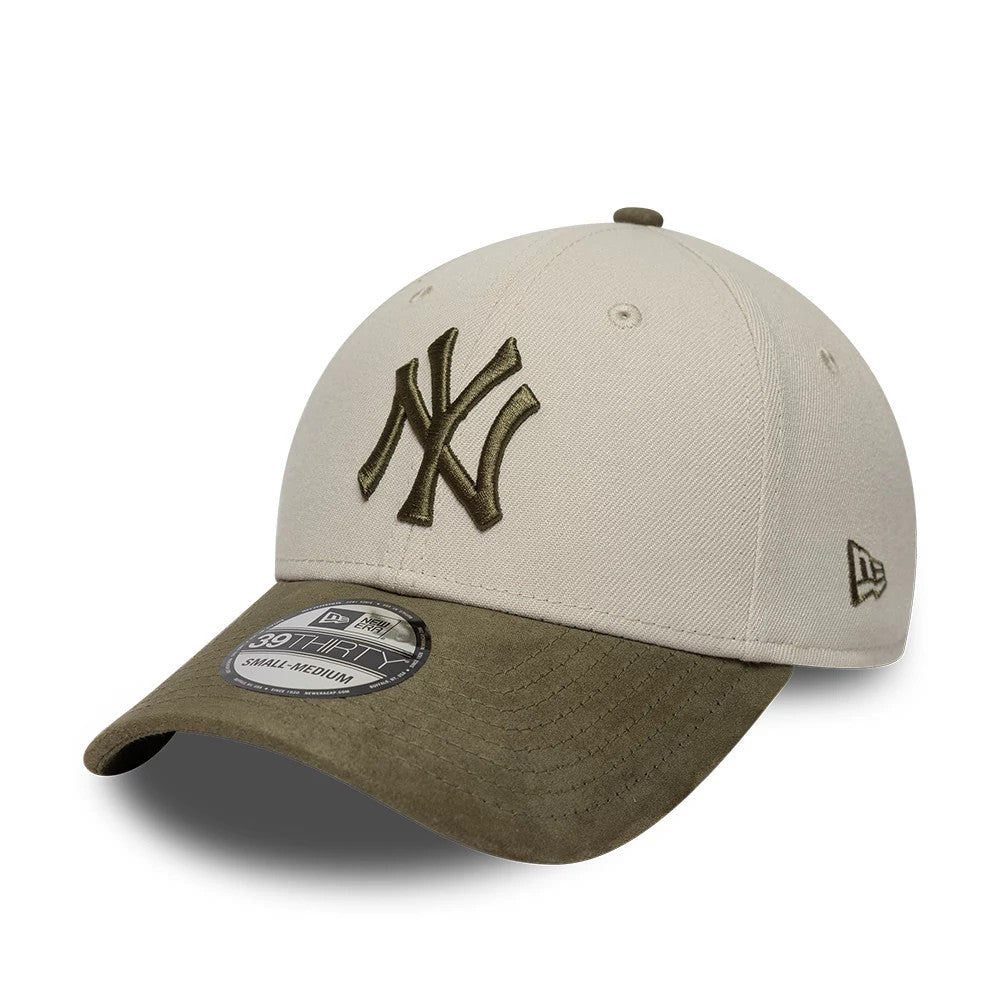 Pictured is this MLB Faux Suede New York Yankees 39THIRTY Stretch Fit cap in light Beige & green. 1