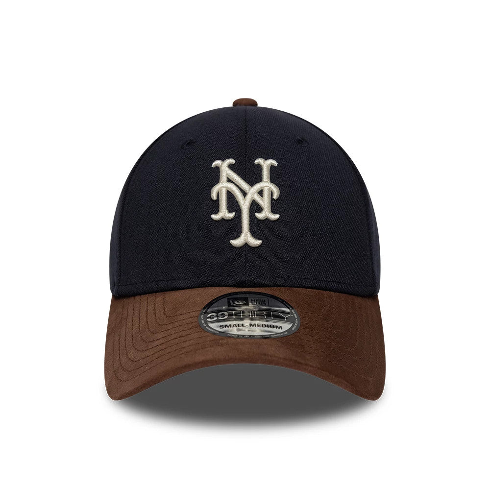Pictured is this MLB Faux Suede New York Mets 39THIRTY Stretch Fit cap in navy & brown. 2