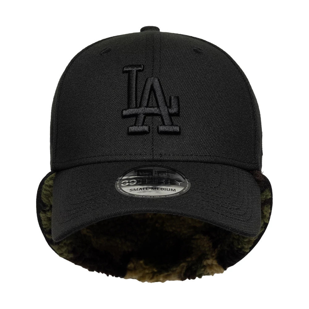 Pictured is this MLB LA Dodgers 39THIRTY Downflap Stretch Fit cap in black. 5