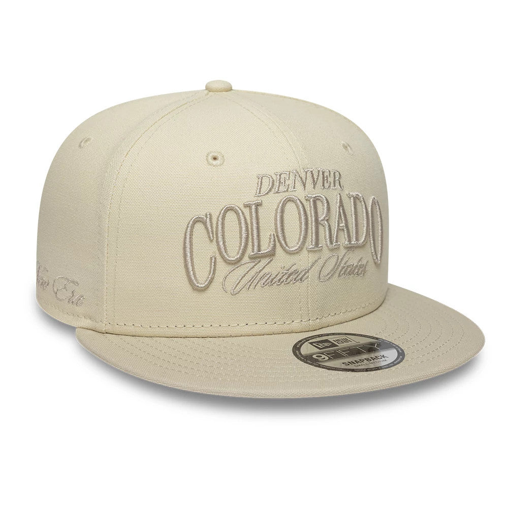 Pictured is this New Era Fabric Script 9FIFTY Snapback cap in Cream & black. 3