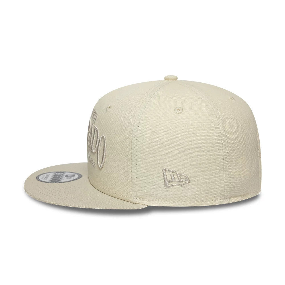 Pictured is this New Era Fabric Script 9FIFTY Snapback cap in Cream & black. 4