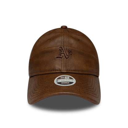 Pictured is this Womens MLB Washed PU Athletics 9TWENTY cap in brown. 2