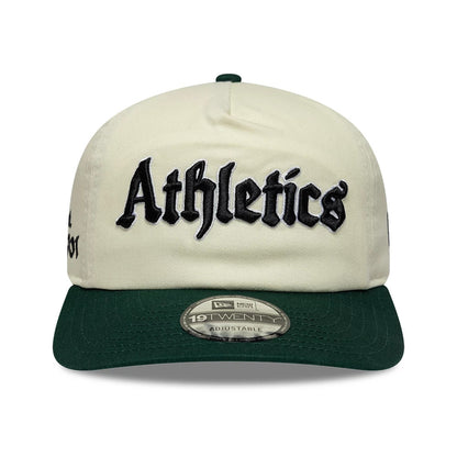 Pictured is this MLB Script Athletics 19TWENTY cap in cream & green. 3