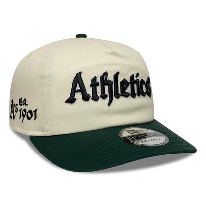 Pictured is this MLB Script Athletics 19TWENTY cap in cream & green. 1