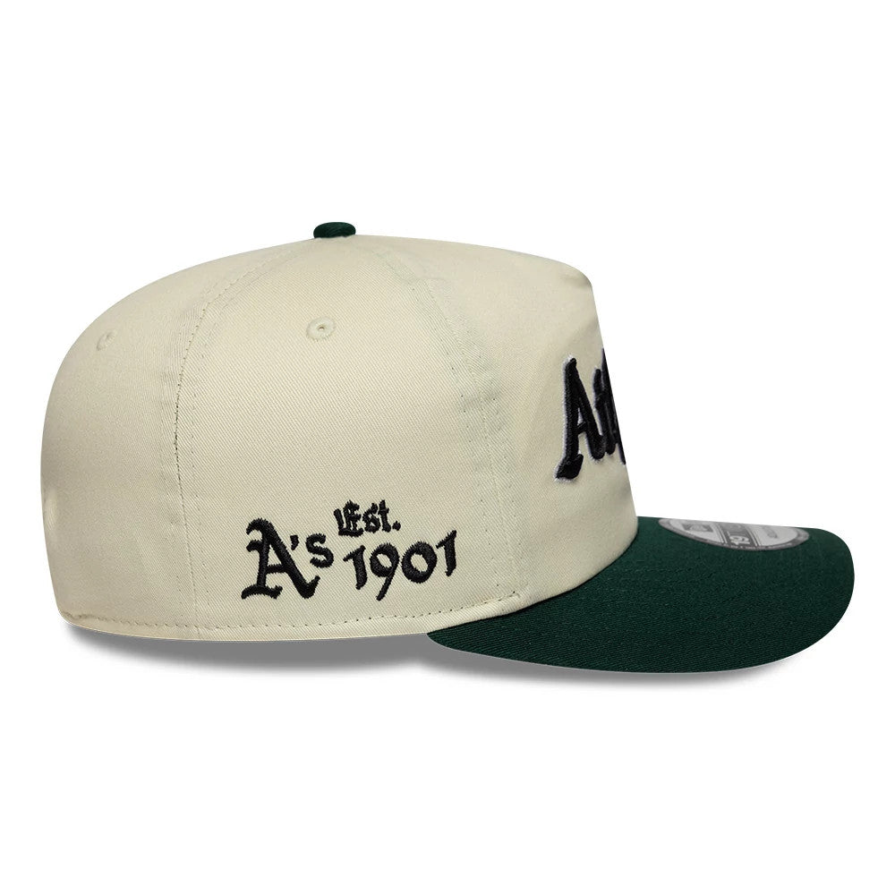 Pictured is this MLB Script Athletics 19TWENTY cap in cream & green. 5