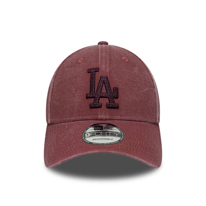 LA Dodgers MLB Ombre Dark Red New Era 9FORTY Adjustable Cap, front view showing the raised dark red embroidered LA logo on the front panel, curved visor, and 9FORTY size sticker on the dark red fabric.