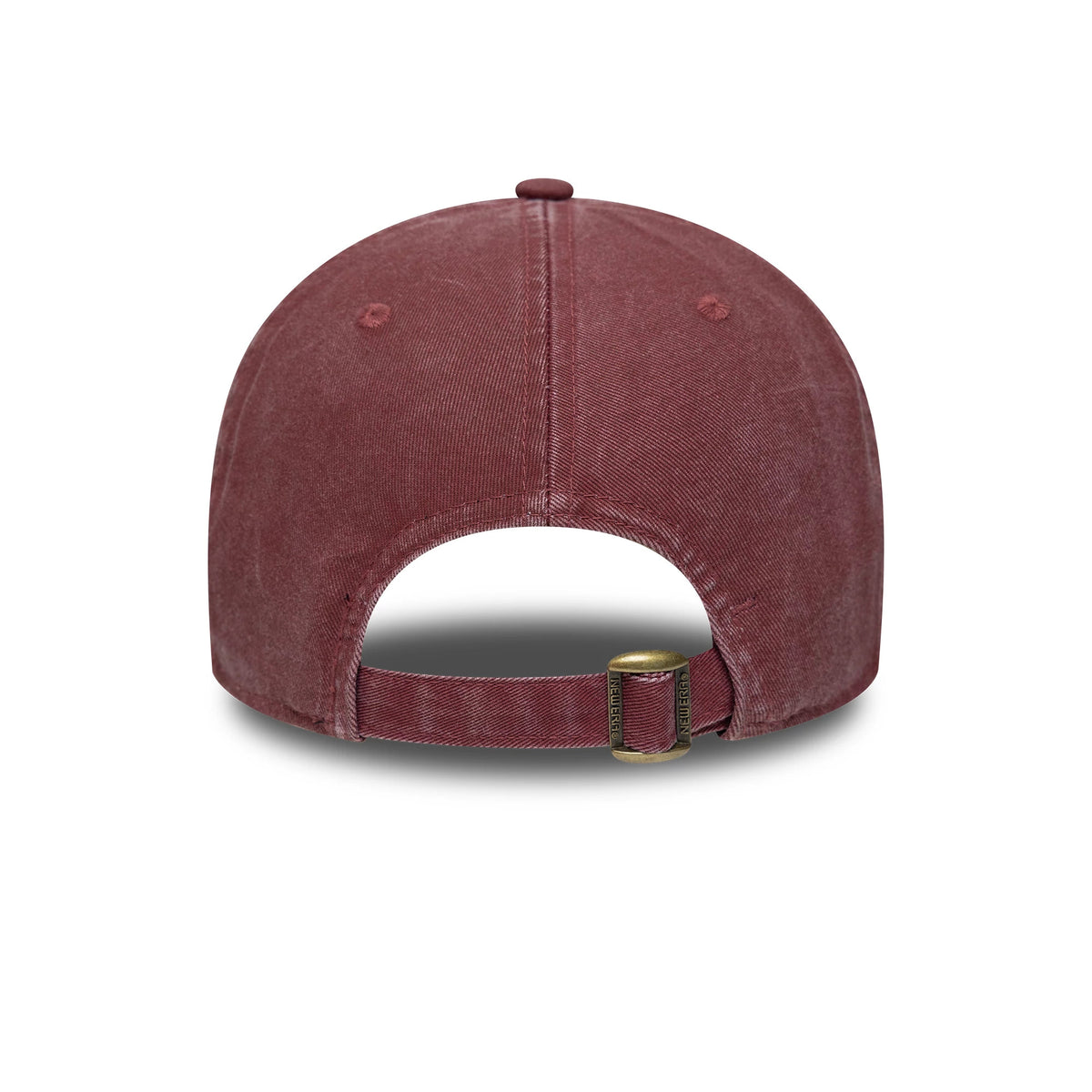 LA Dodgers MLB Ombre Dark Red New Era 9FORTY Adjustable Cap, rear view showing the dark red fabric with a curved strap and buckle for size adjustment, and a slightly faded appearance on the structured crown.