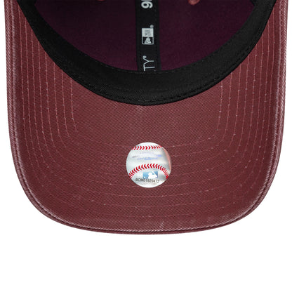 LA Dodgers MLB Ombre Dark Red New Era 9FORTY Adjustable Cap, inside view showing the black sweatband against the dark red undervisor, with a round baseball-themed sticker positioned in the centre and New Era branding on the taping.