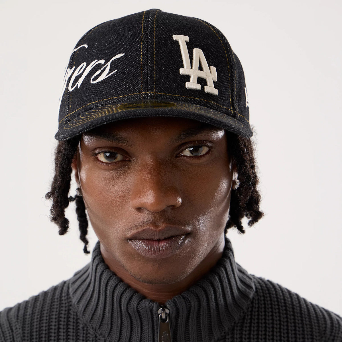 Pictured is this MLB Denim LA Dodgers Low Profile 59FIFTY Fitted cap in black. 2