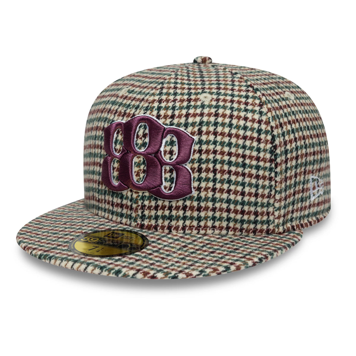 Kesi x New Era Multi 59FIFTY Fitted Cap, three-quarter view showing an embroidered purple 808 logo on the front panel, a multicoloured checked pattern covering the structured crown and visor, with a gold 59FIFTY size sticker on the flat visor.