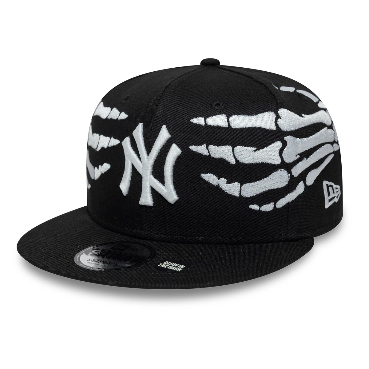 Yankees MLB Halloween Glow In The Dark Hands Black New Era 9FIFTY Snapback Adjustable Cap, front view showing the white embroidered NY logo on the front panel, skeleton hand motifs on the crown.