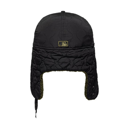 New York Yankees MLB Quilted Black Dogear New Era 59FIFTY Fitted Cap, front view showing a quilted texture with a gold MLB Batterman logo on the black front panel, featuring insulated ear flaps with brown lining and adjustable chin strap.