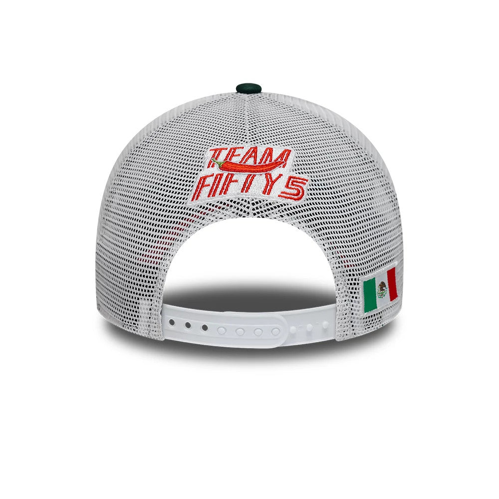 Carlos Sainz Team Fifty5 Mexico White New Era 9FORTY A-Frame Adjustable Cap, rear view showing the red and green embroidered Team Fifty5 logo on the white mesh crown, with a Mexican flag patch and a white adjustable snap closure.