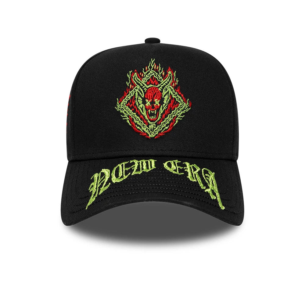 Stranger Things Netflix Stranger Things Black New Era 9FORTY E-Frame Adjustable Cap, front view showing a red and green embroidered demon logo on the black crown, with neon green New Era lettering on the curved visor below.
