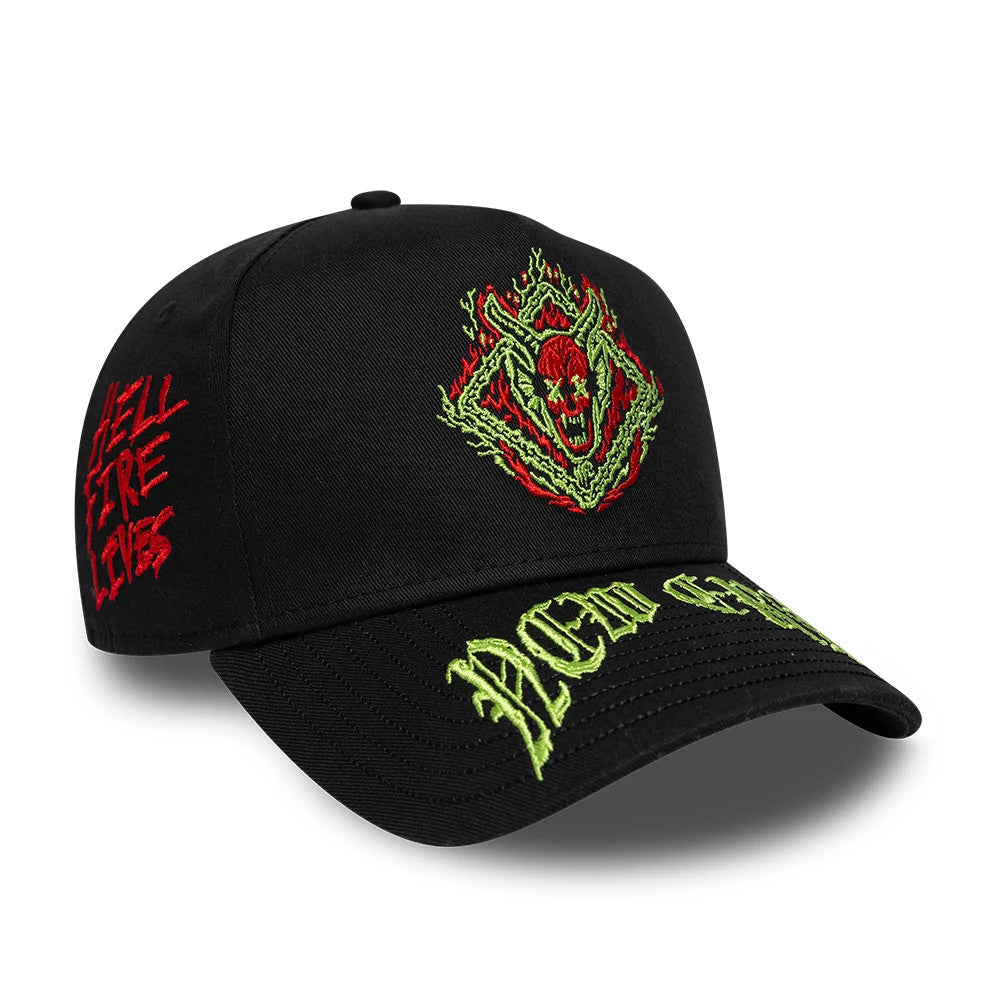 Stranger Things Netflix Stranger Things Black New Era 9FORTY E-Frame Adjustable Cap, three-quarter view showing a red and green embroidered skull logo on the front panel, red Hell Fire Club text on the side, and lime green text on the black visor.
