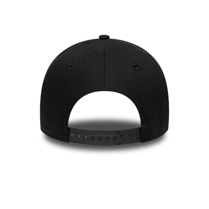 Stranger Things Netflix Stranger Things Black New Era 9FORTY E-Frame Adjustable Cap, rear view showing the plain black rear panels with a curved black visor and a black adjustable snapback strap, set on a structured black crown.