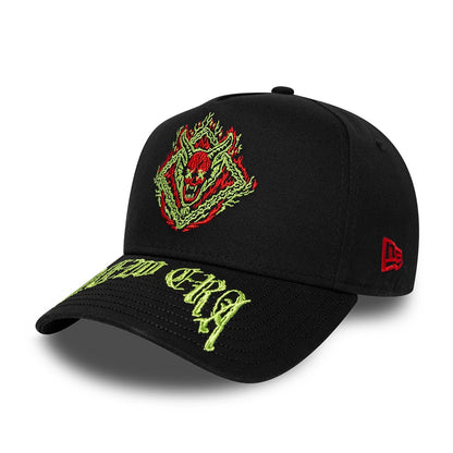 Stranger Things Netflix Stranger Things Black New Era 9FORTY E-Frame Adjustable Cap, front view showing a red and green embroidered demogorgon logo on the front panel, vivid lime Stranger Things text on the curved visor.