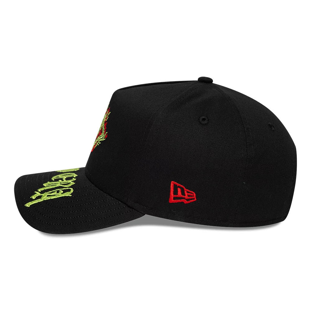 Stranger Things Netflix Stranger Things Black New Era 9FORTY E-Frame Adjustable Cap, side view showing the red embroidered New Era flag logo on the left side, with a curved black visor featuring neon green embroidered graphics.