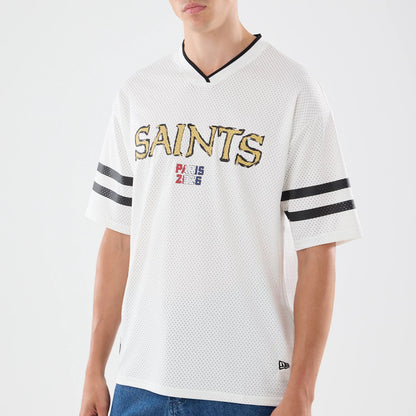 The model is wearing this NFL International Series Games 2026 Graphic New Orleans Saints Mesh Jersey in white. 5
