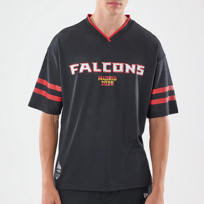 The model is wearing this NFL International Series Games 2026 Graphic Atlanta Falcons Mesh Jersey in black. 3