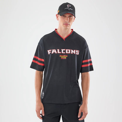 The model is wearing this NFL International Series Games 2026 Graphic Atlanta Falcons Mesh Jersey in black. 1