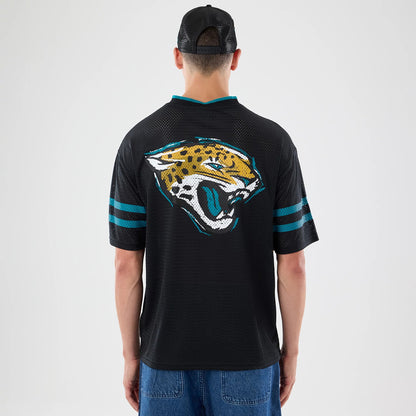 The model is wearing this NFL International Games 2026 Graphic Jacksonville Jaguars Mesh Jersey in black. 2