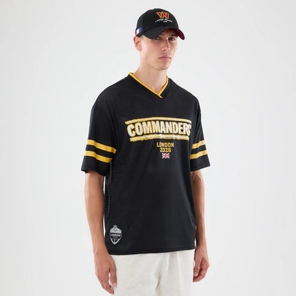 The model is wearing this NFL International Series Games 2026 Graphic Washington Commanders Mesh Jersey in black. 1