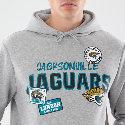 The model is wearing this NFL Patch Jacksonville Jaguars Pullover Hoodie in grey. 3