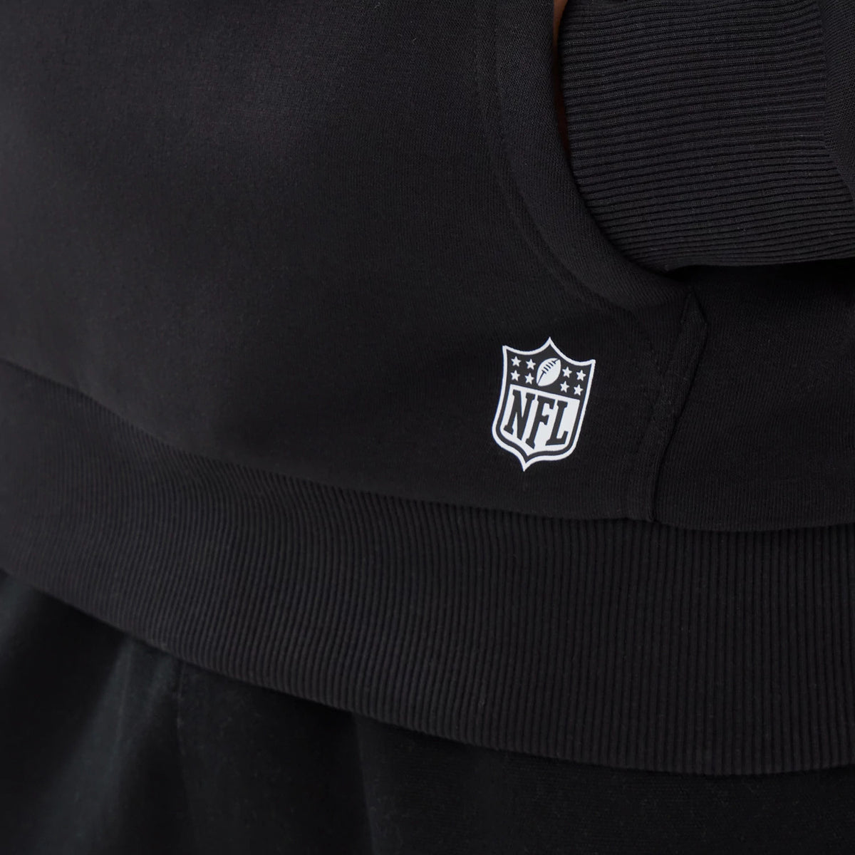 The model is wearing this NFL Patch Detroit Lions Pullover Hoodie in black. 4