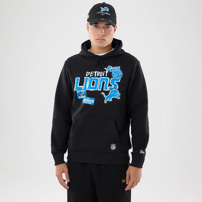 The model is wearing this NFL Patch Detroit Lions Pullover Hoodie in black. 1
