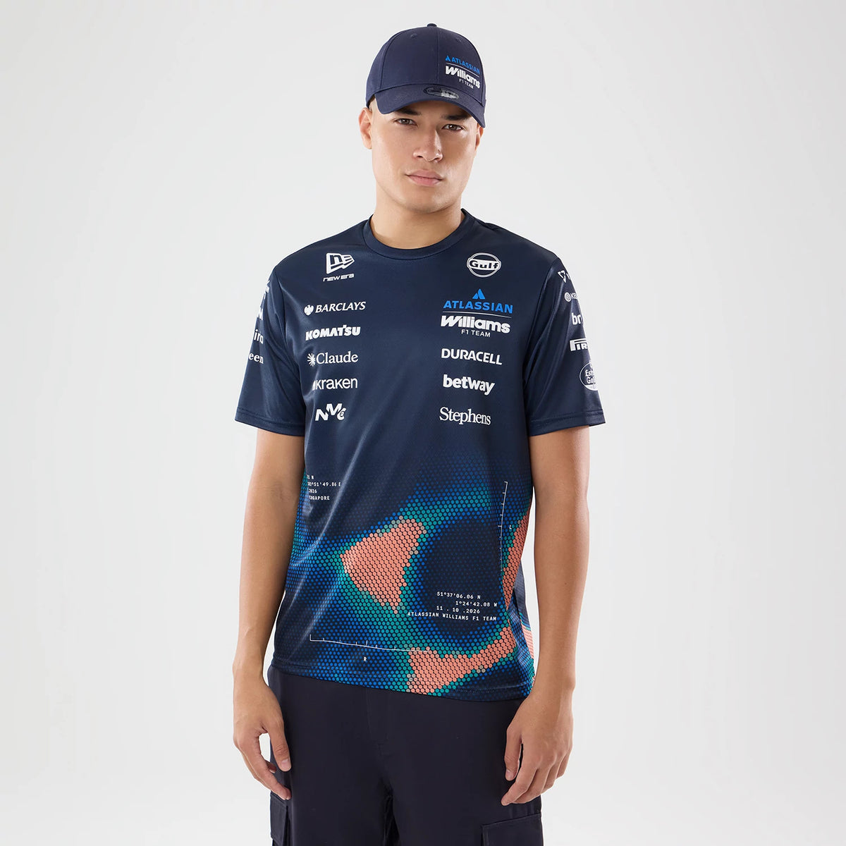 The model is wearing this Singapore Williams Tech T-Shirt in navy. 1